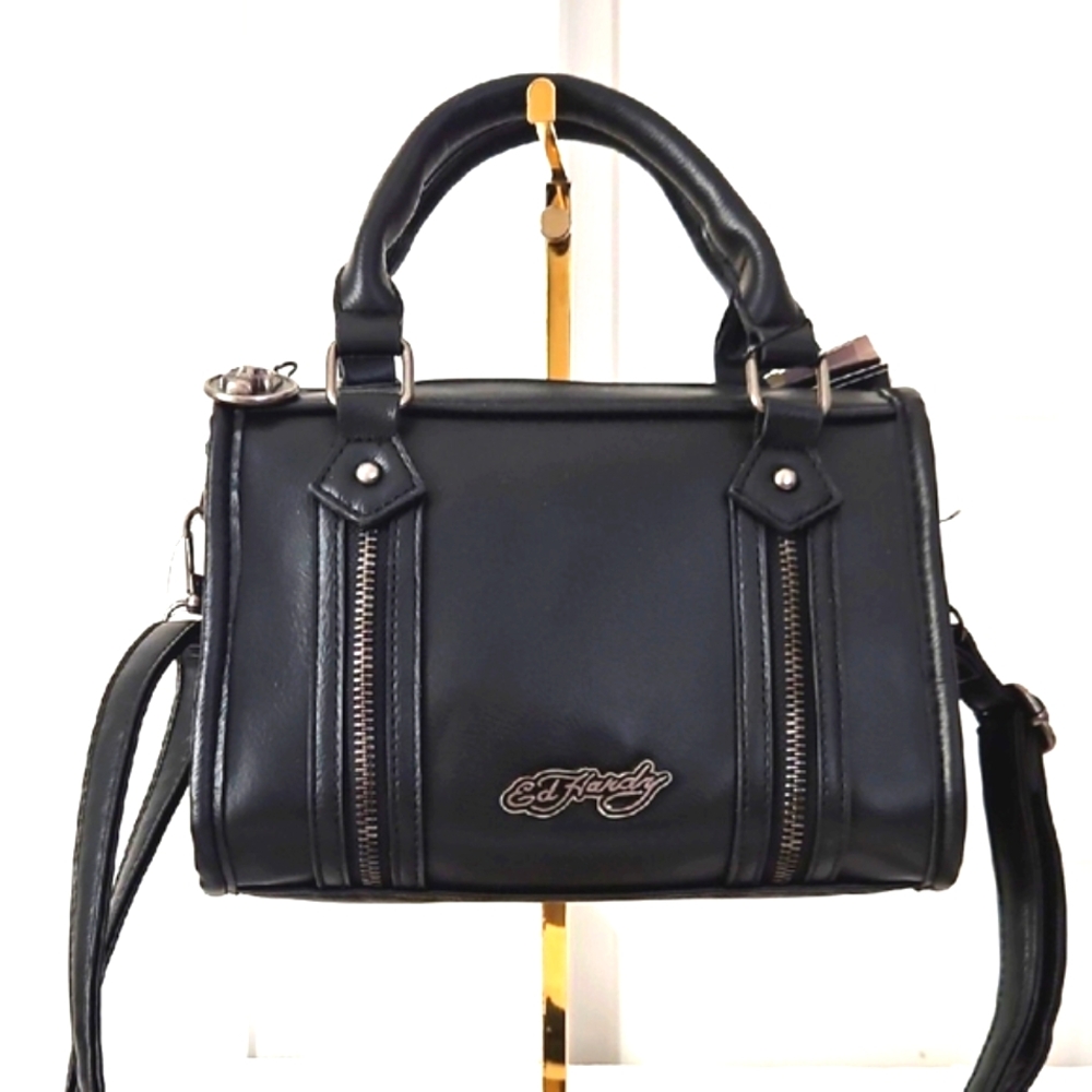 Ed Hardy Black Satchel Bag with Silver Hardware